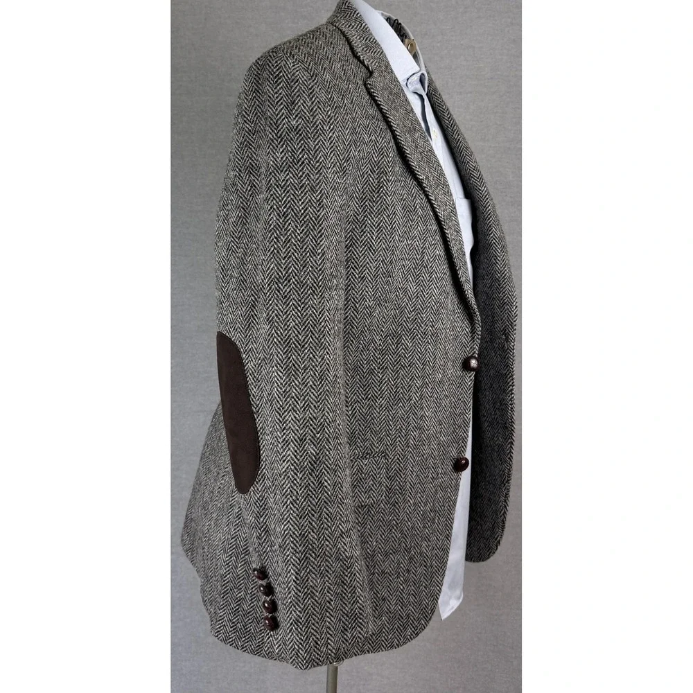 Bespoke Harris Tweed Wool Herringbone Blazer Elbow Patch Mens 42R Grey